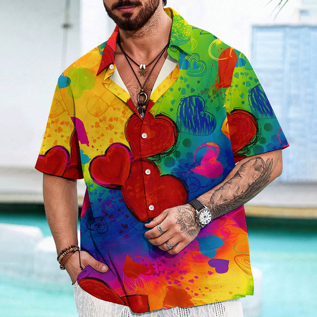 Men's Shirt Collar Resort Rainbow Heart Printed  Short Sleeve Shirt