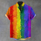 Men's Stand Collar Rainbow Stripe Printed Short Sleeve Shirt