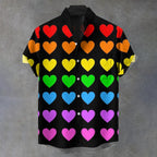 Men's Stand Collar Rainbow Heart Printed Short Sleeve Shirt