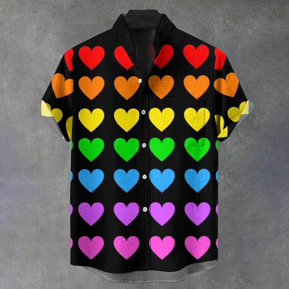 Men's Stand Collar Rainbow Heart Printed Short Sleeve Shirt
