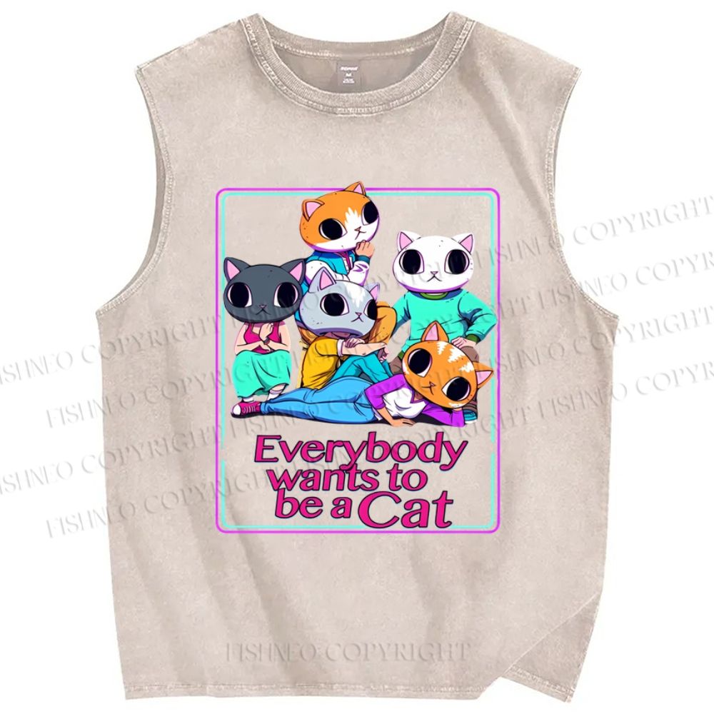 Unisex Wants To Be A Cat Printed Washed Tank Top