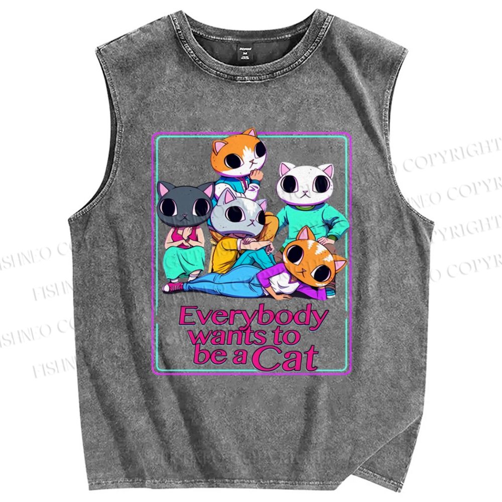 Unisex Wants To Be A Cat Printed Washed Tank Top