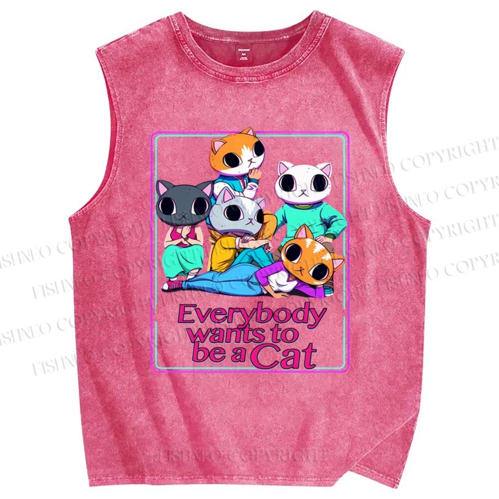 Unisex Wants To Be A Cat Printed Washed Tank Top