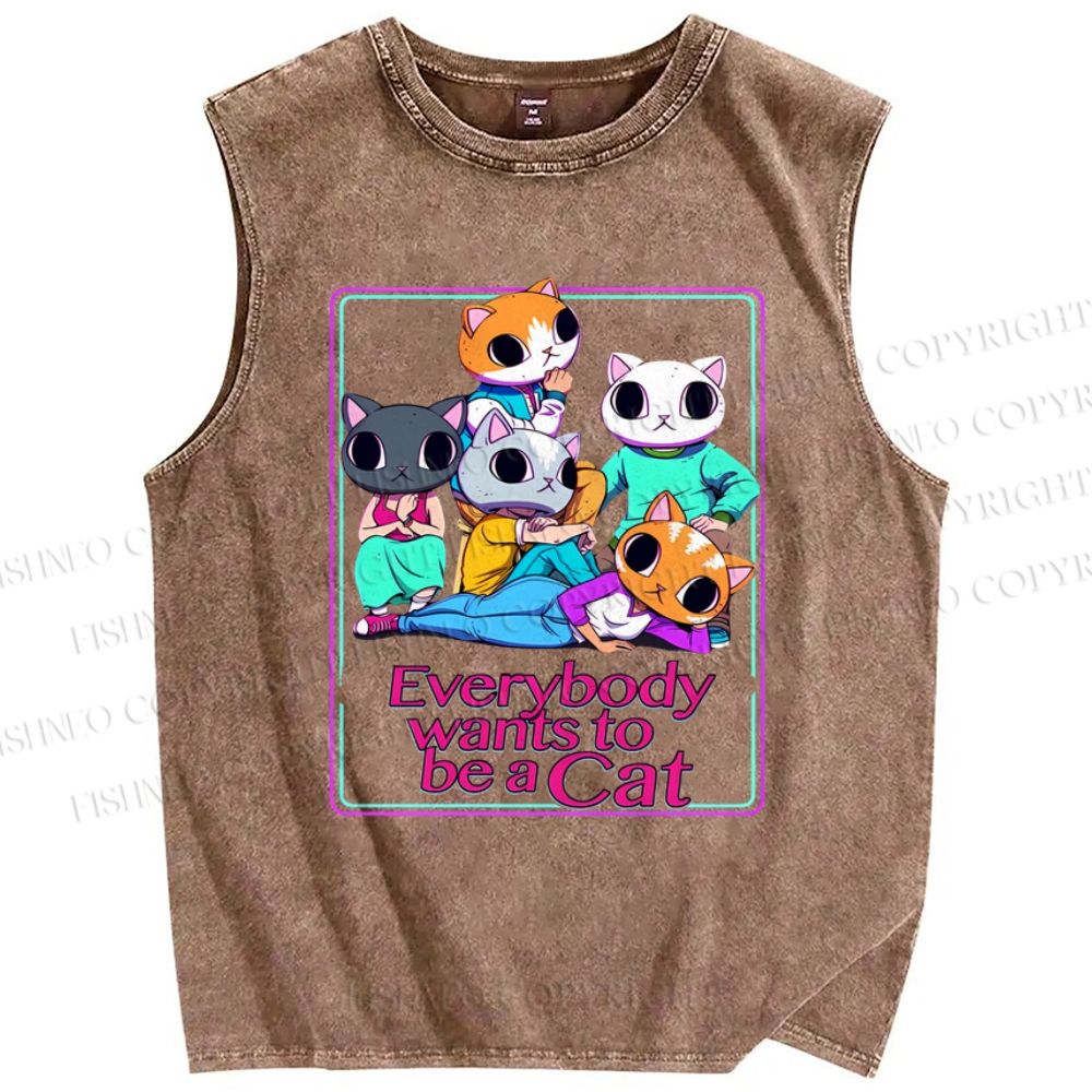 Unisex Wants To Be A Cat Printed Washed Tank Top