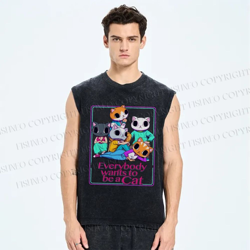 Unisex Wants To Be A Cat Printed Washed Tank Top