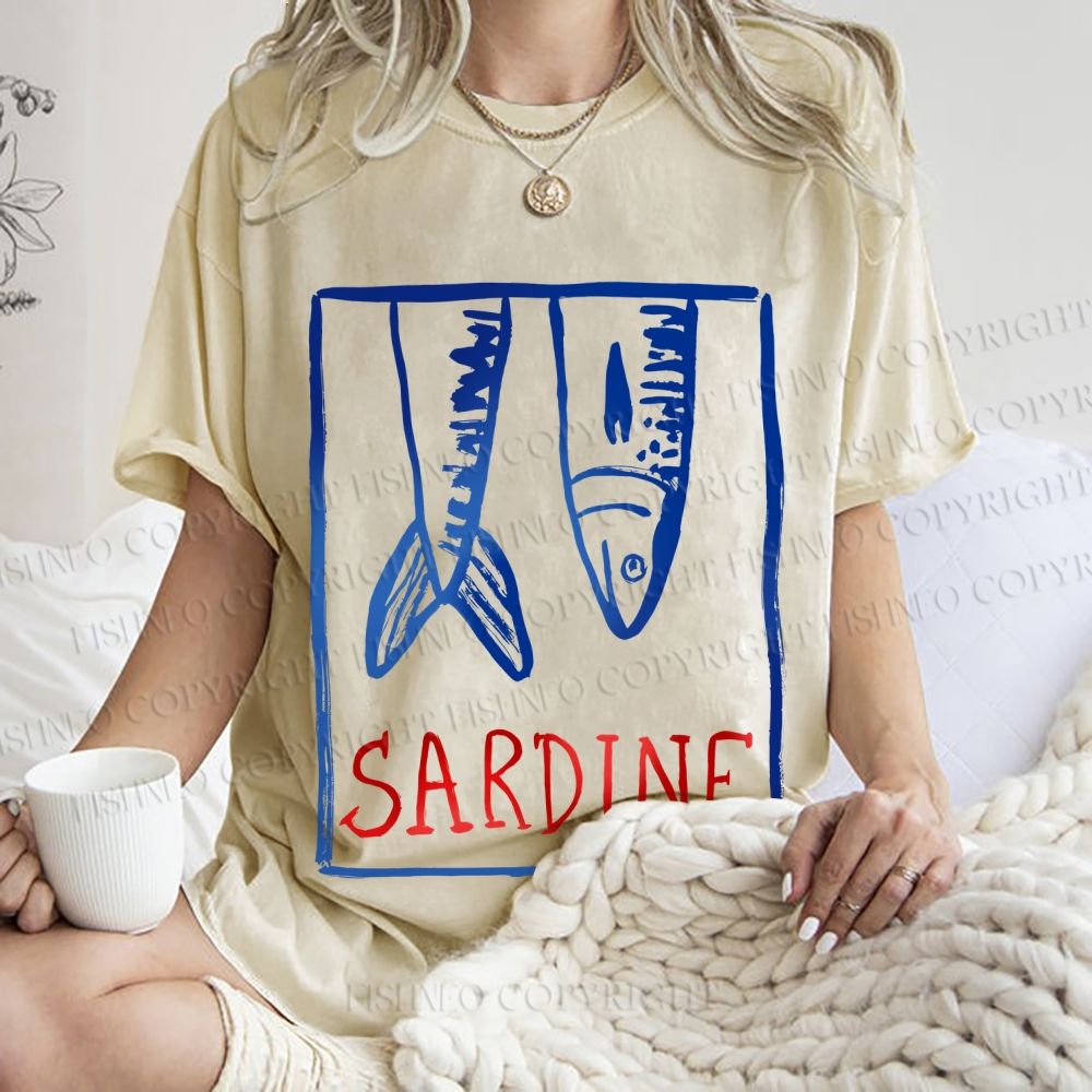 Unisex Vintage Sardine Fish In Box Printed Washed Tee
