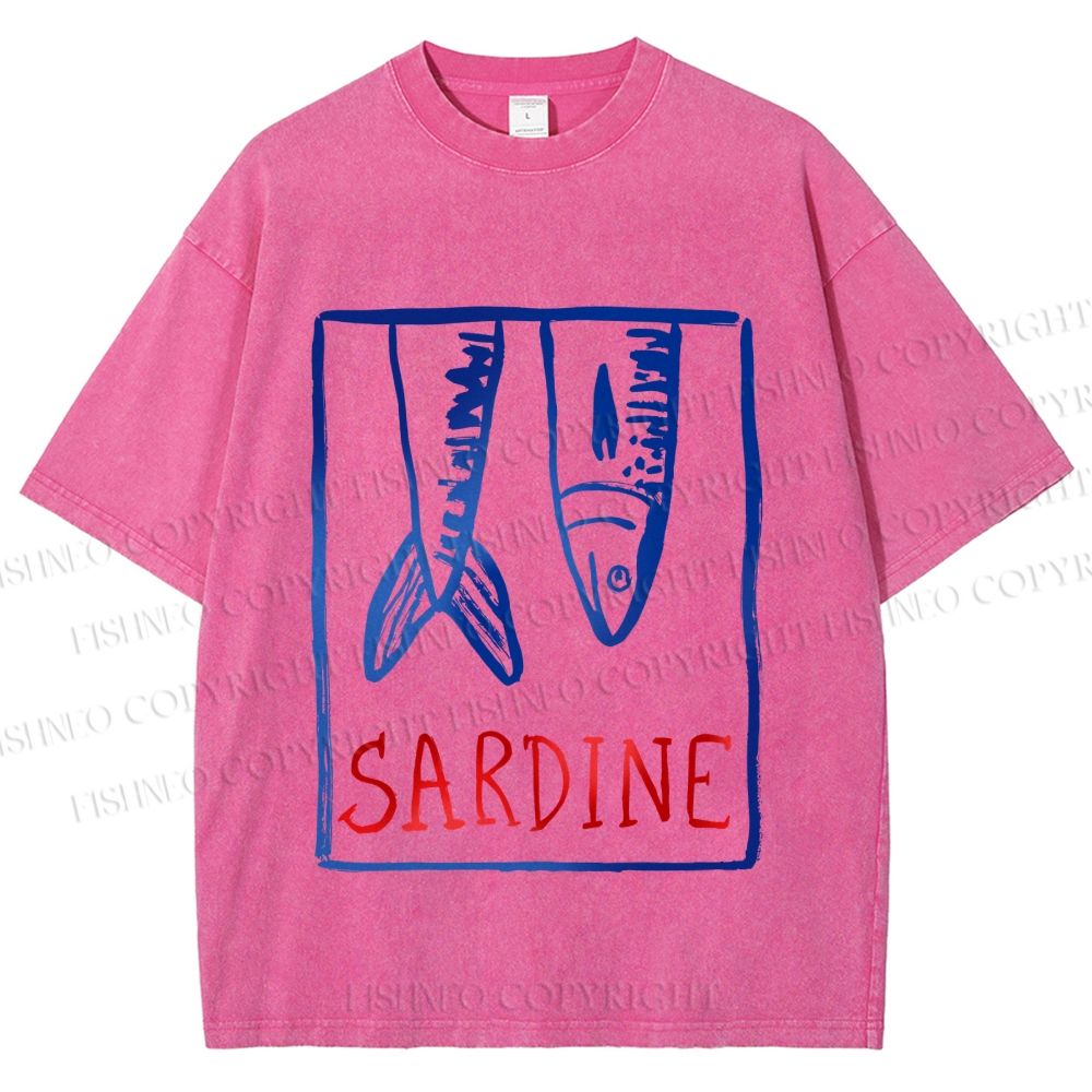 Unisex Vintage Sardine Fish In Box Printed Washed Tee