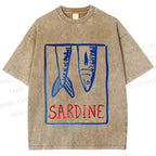 Unisex Vintage Sardine Fish In Box Printed Washed Tee