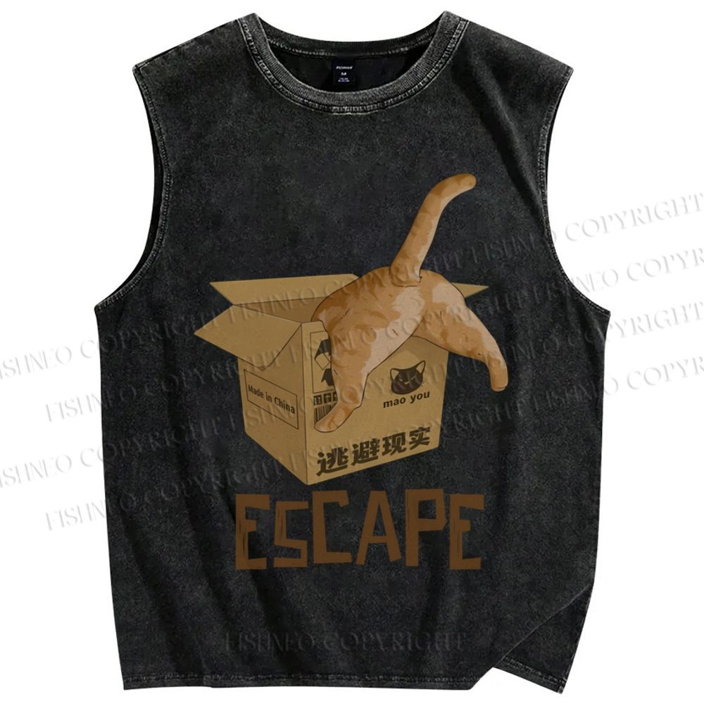 Unisex Box Cat Escape From Reality Printed Washed Tank Top