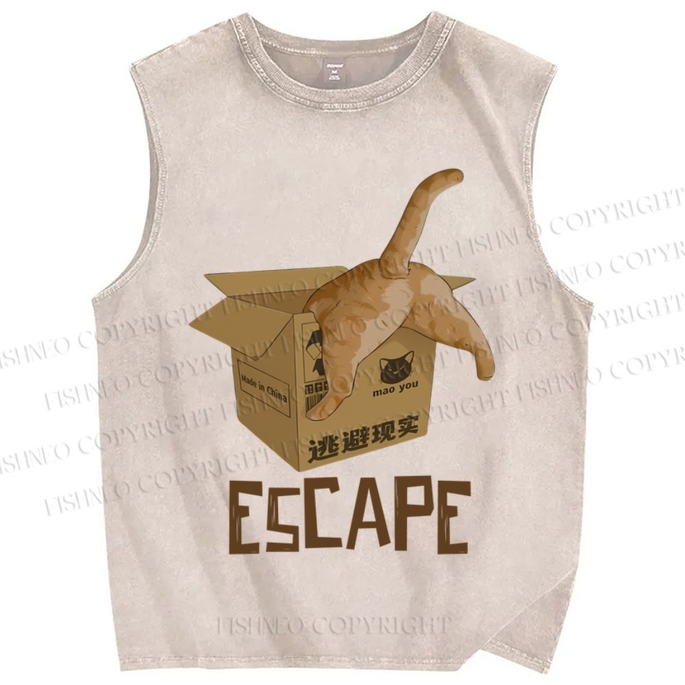 Unisex Box Cat Escape From Reality Printed Washed Tank Top