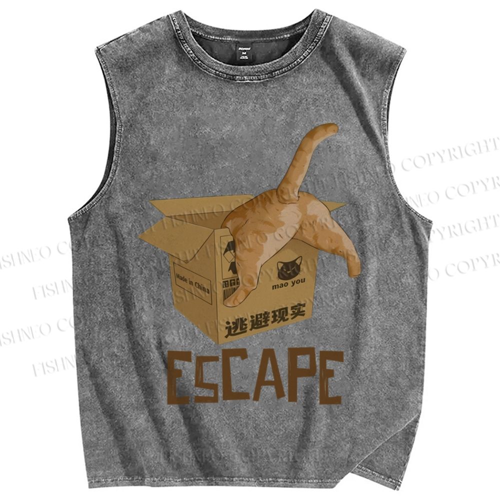 Unisex Box Cat Escape From Reality Printed Washed Tank Top