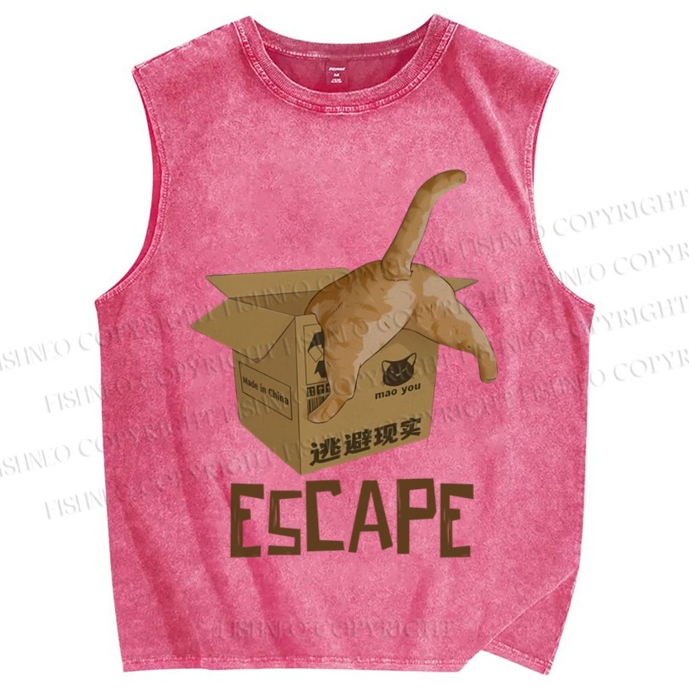 Unisex Box Cat Escape From Reality Printed Washed Tank Top