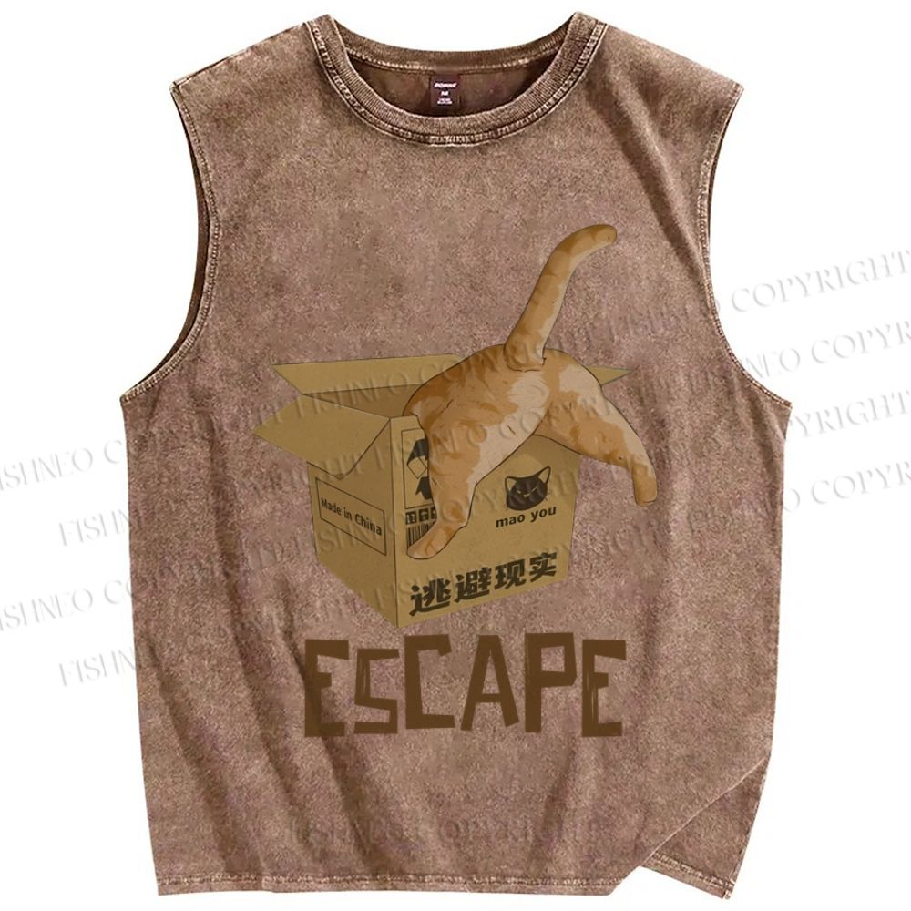 Unisex Box Cat Escape From Reality Printed Washed Tank Top