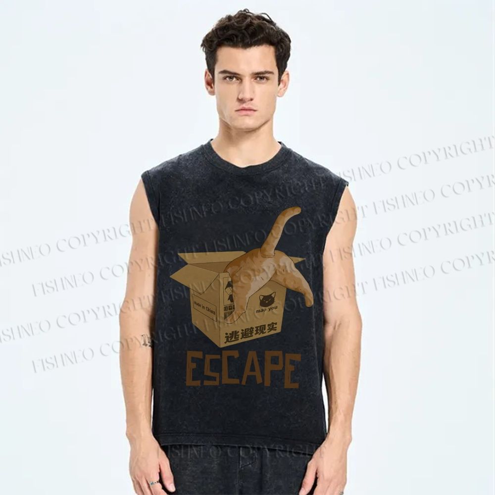 Unisex Box Cat Escape From Reality Printed Washed Tank Top