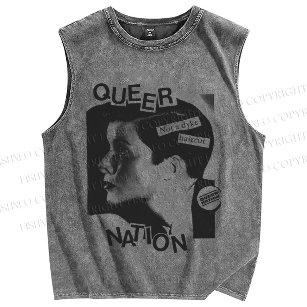 Unisex Pride Queer Nation Not A Dyke Haircut Printed Washed Tank Top