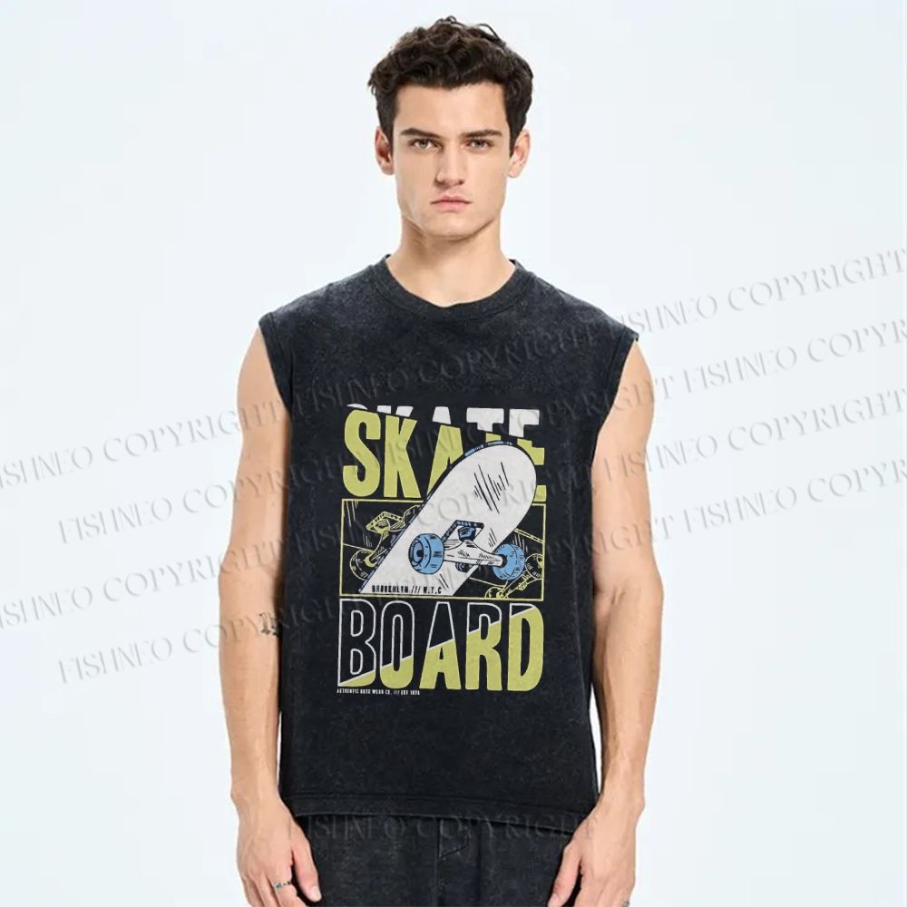 Unisex Skateboard Printed Washed Tank Top