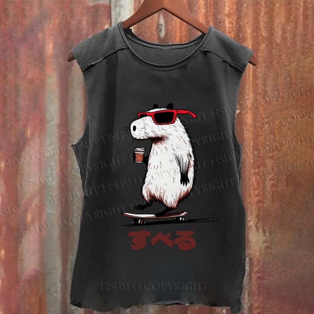 Vintage Japanese Capybara Skating Washed Tank Top