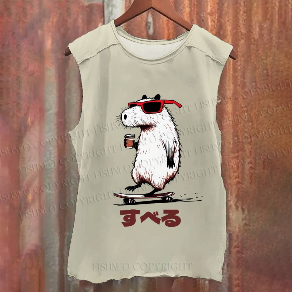 Vintage Japanese Capybara Skating Washed Tank Top