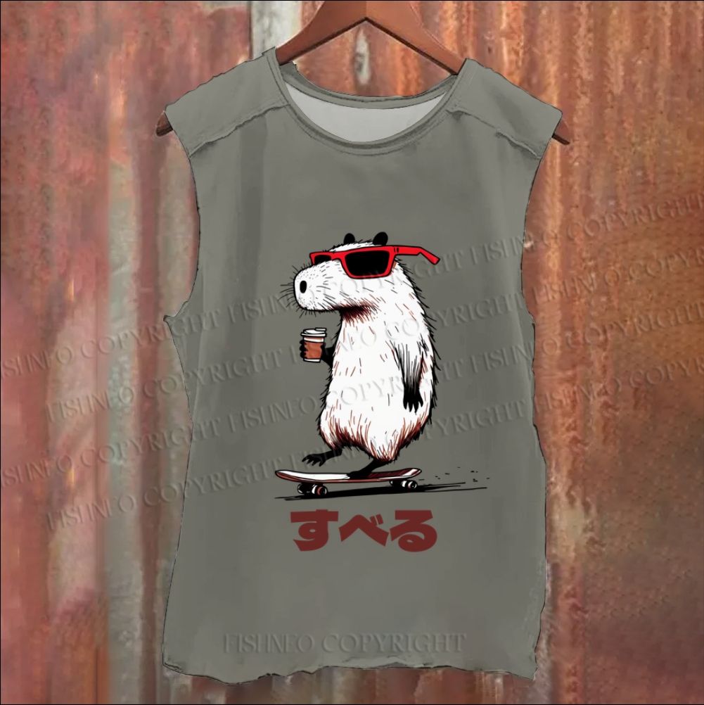 Vintage Japanese Capybara Skating Washed Tank Top