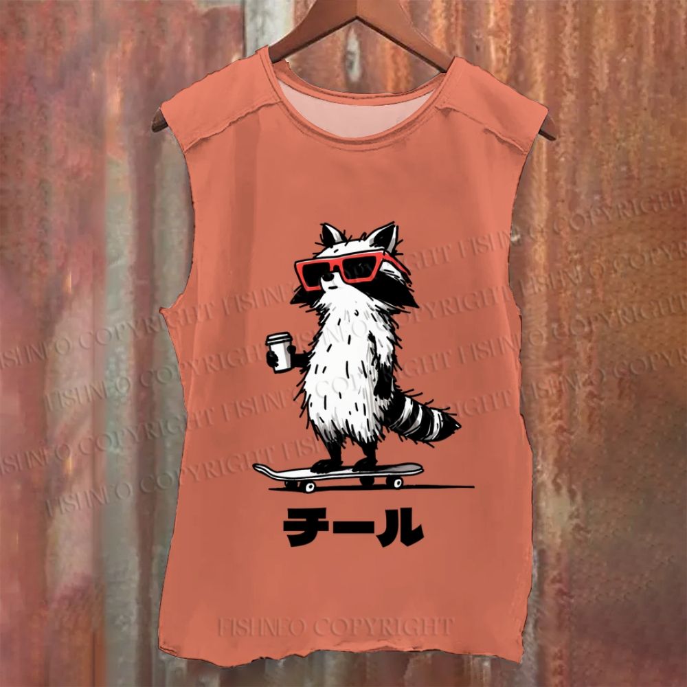 Vintage Japanese Chill Raccoon Skating Washed Tank Top