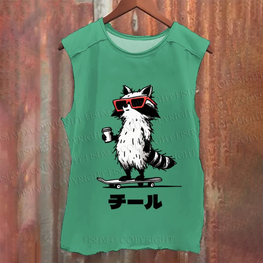 Vintage Japanese Chill Raccoon Skating Washed Tank Top