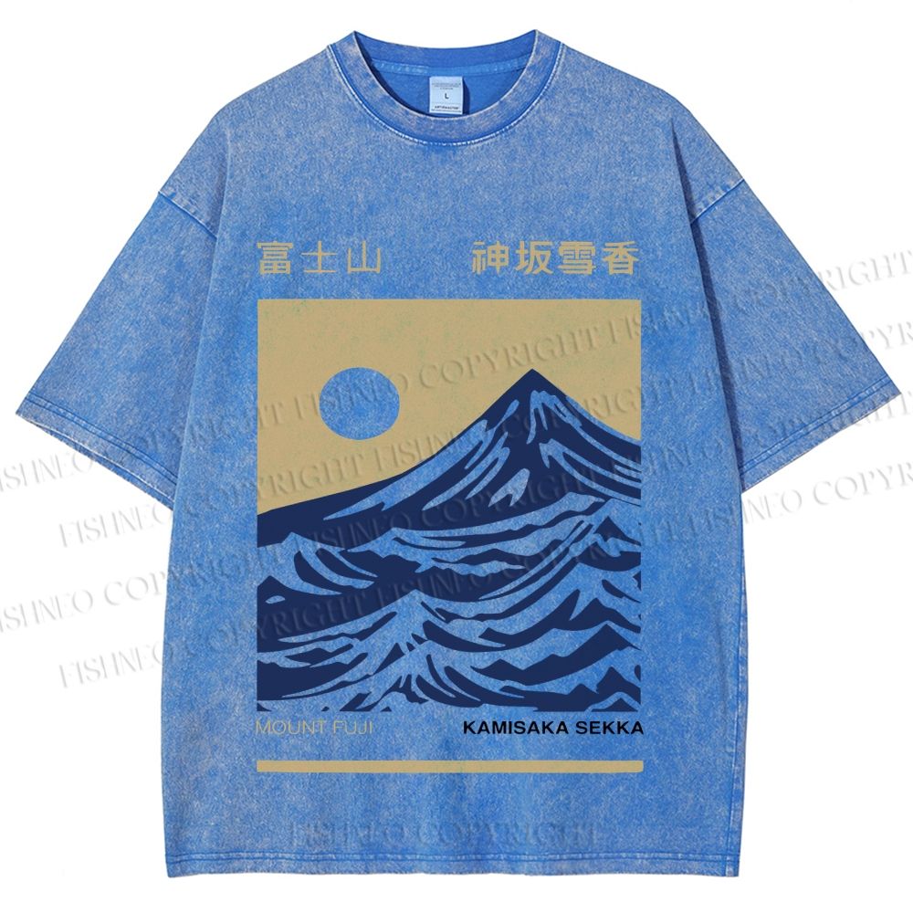 Unisex Vintage Japanese Mount Fuji Printed Washed Tee