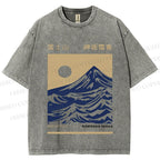 Unisex Vintage Japanese Mount Fuji Printed Washed Tee