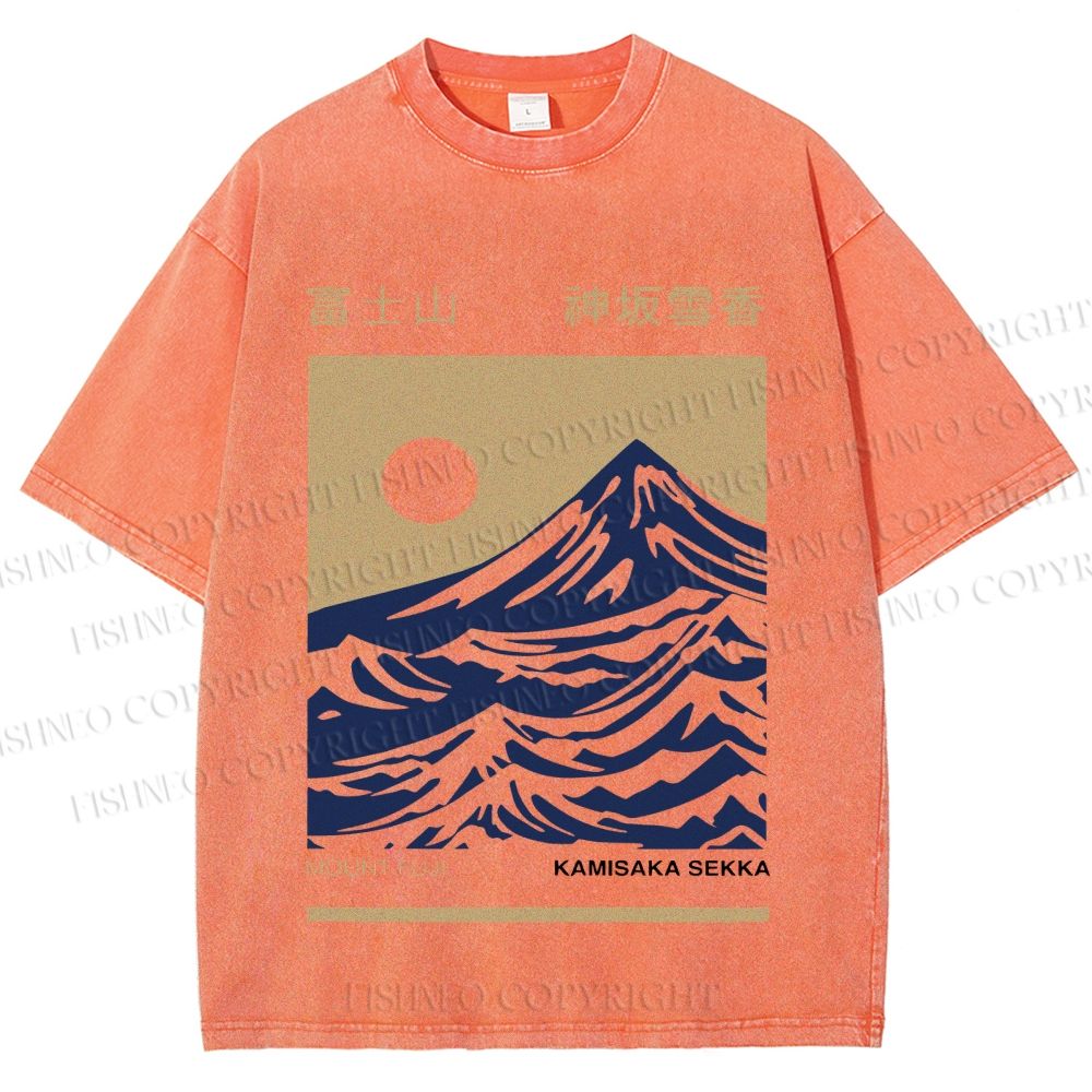 Unisex Vintage Japanese Mount Fuji Printed Washed Tee
