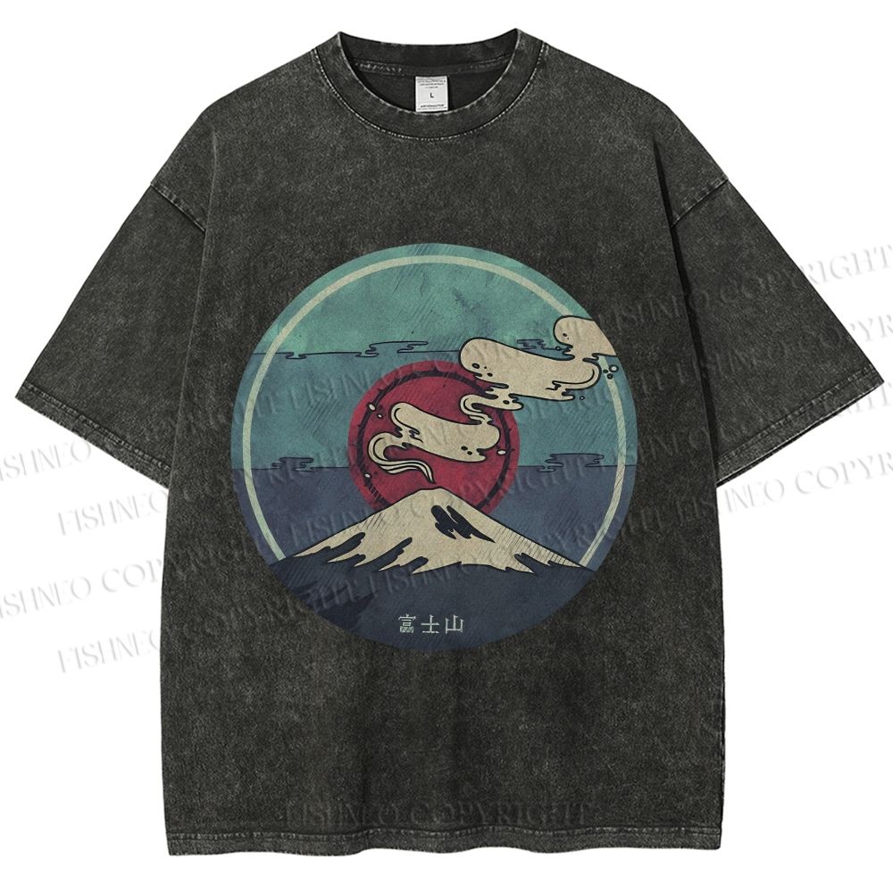 Unisex Vintage Japanese Mount Fuji Printed Washed Tee