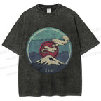 Unisex Vintage Japanese Mount Fuji Printed Washed Tee