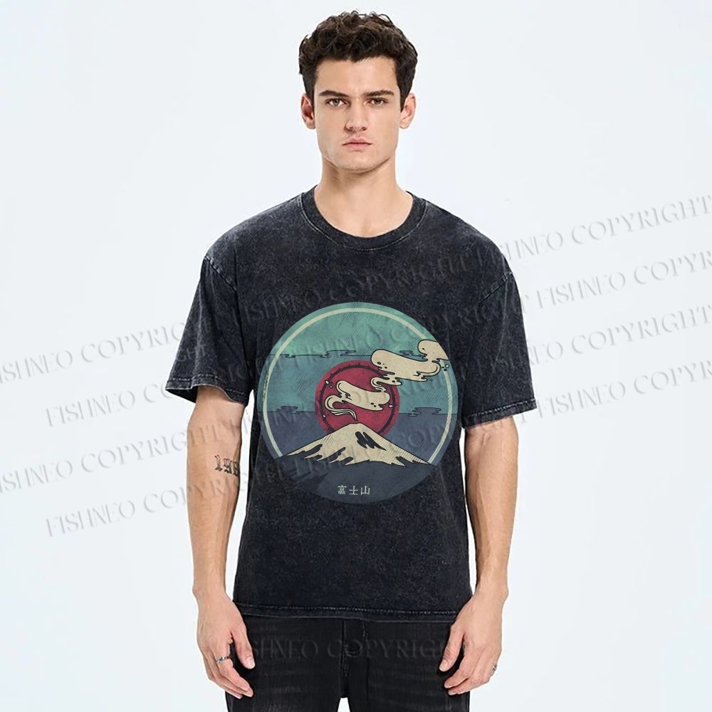 Unisex Vintage Japanese Mount Fuji Printed Washed Tee