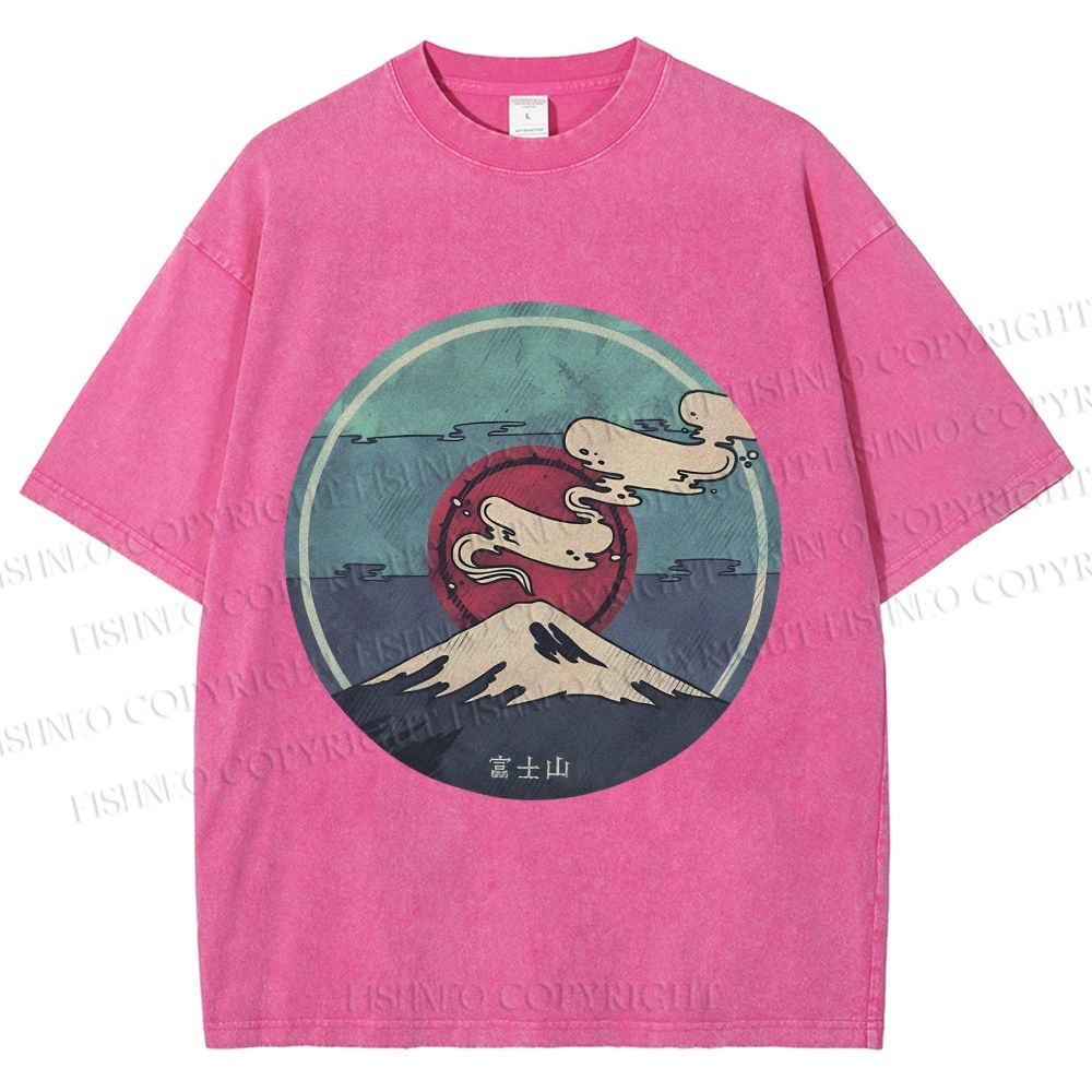 Unisex Vintage Japanese Mount Fuji Printed Washed Tee