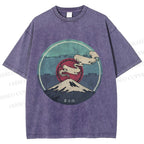 Unisex Vintage Japanese Mount Fuji Printed Washed Tee