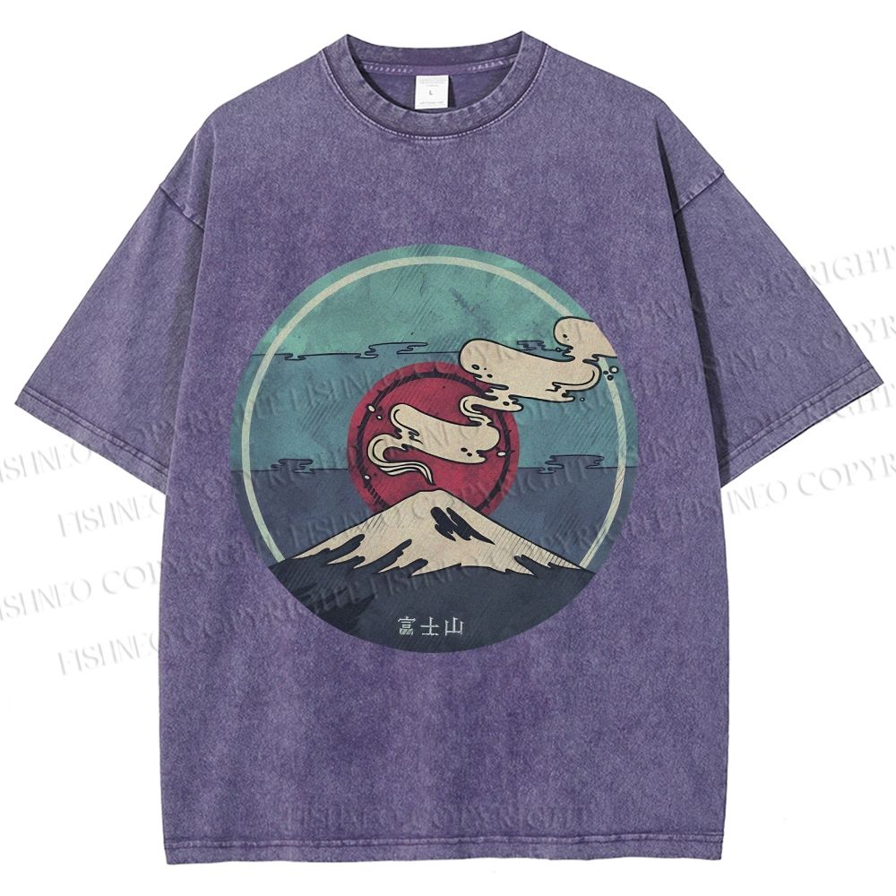Unisex Vintage Japanese Mount Fuji Printed Washed Tee