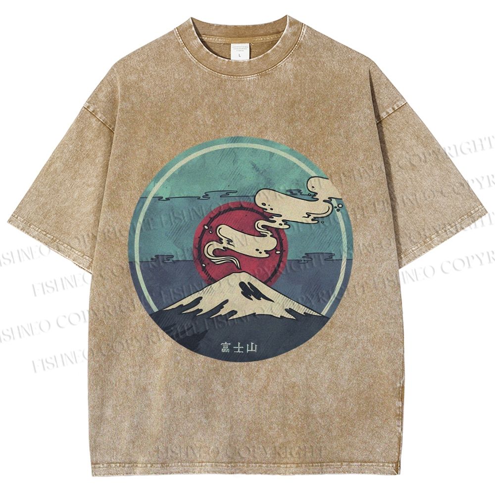 Unisex Vintage Japanese Mount Fuji Printed Washed Tee