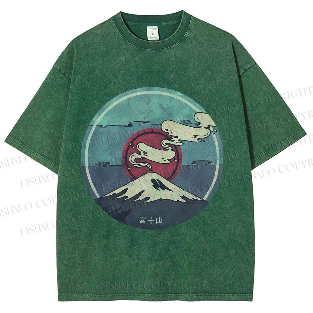 Unisex Vintage Japanese Mount Fuji Printed Washed Tee