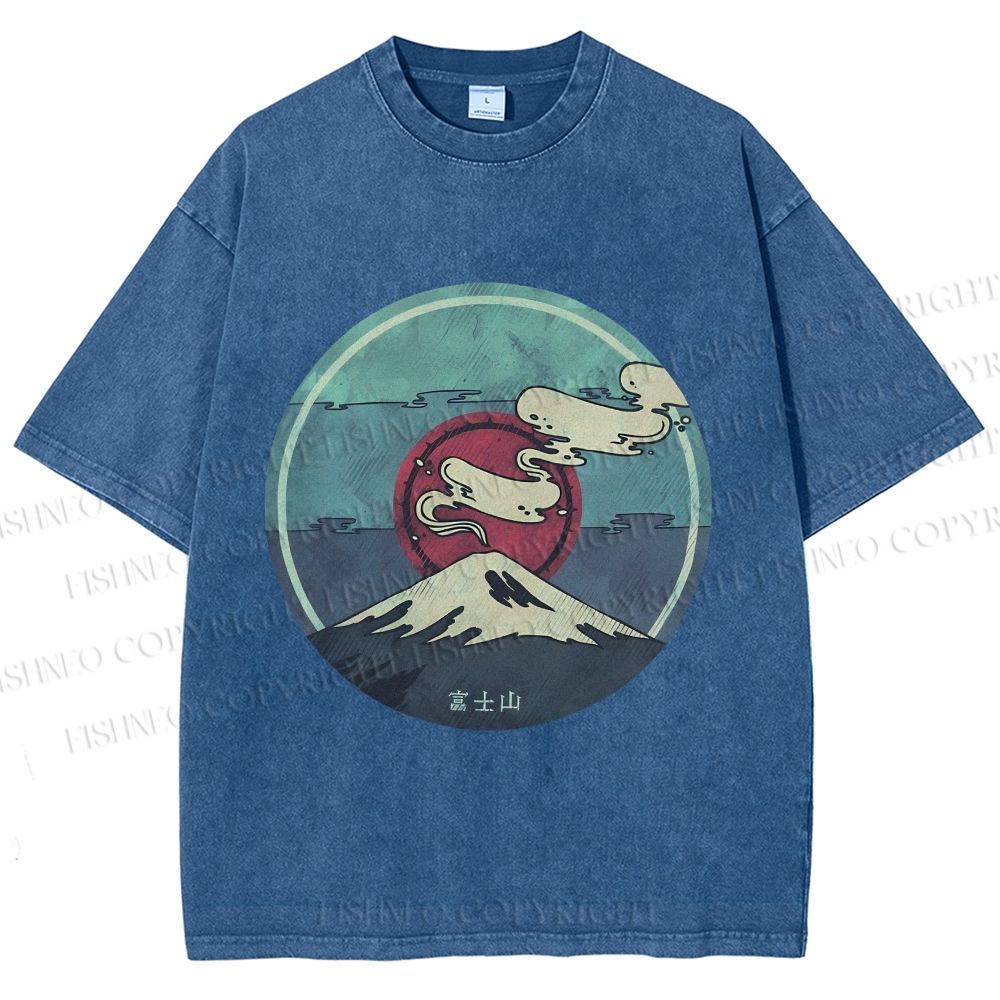 Unisex Vintage Japanese Mount Fuji Printed Washed Tee