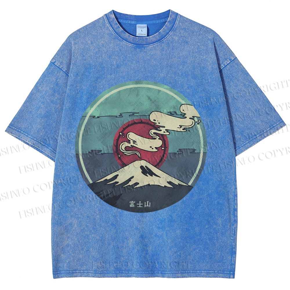Unisex Vintage Japanese Mount Fuji Printed Washed Tee