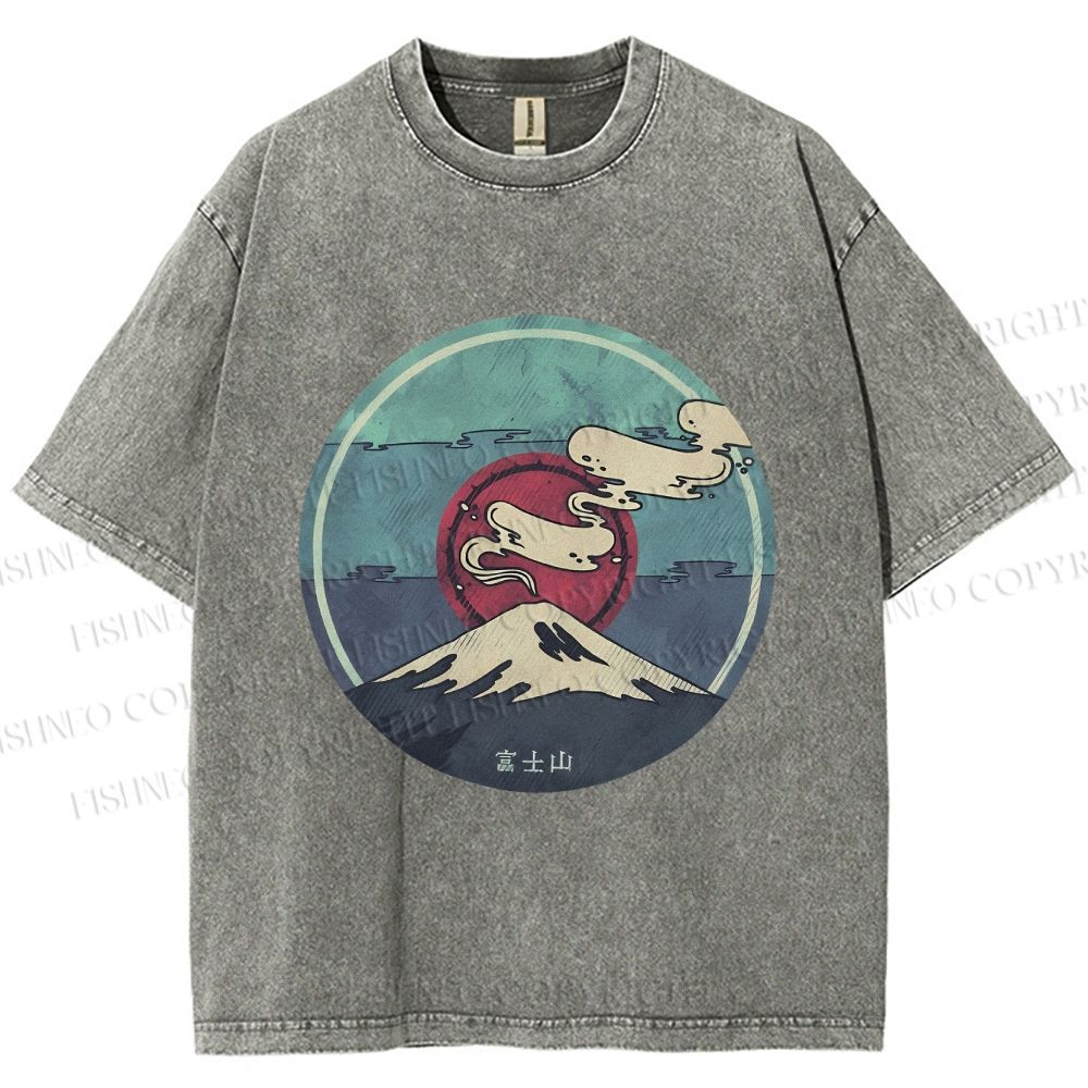 Unisex Vintage Japanese Mount Fuji Printed Washed Tee