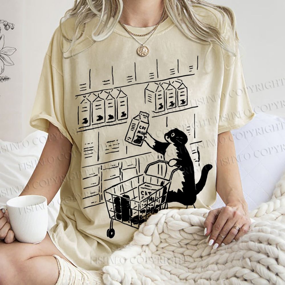 Unisex Cartoon Cute Cat Picking Milk Printed Washed Tee
