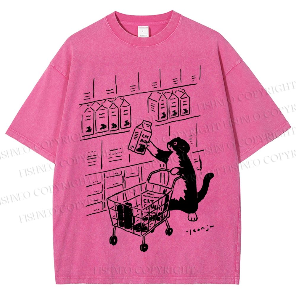 Unisex Cartoon Cute Cat Picking Milk Printed Washed Tee