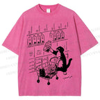 Unisex Cartoon Cute Cat Picking Milk Printed Washed Tee