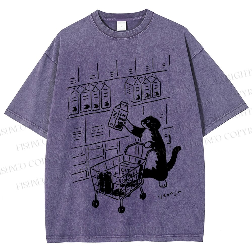 Unisex Cartoon Cute Cat Picking Milk Printed Washed Tee