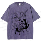 Unisex Cartoon Cute Cat Picking Milk Printed Washed Tee