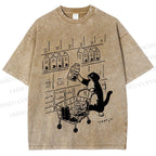 Unisex Cartoon Cute Cat Picking Milk Printed Washed Tee