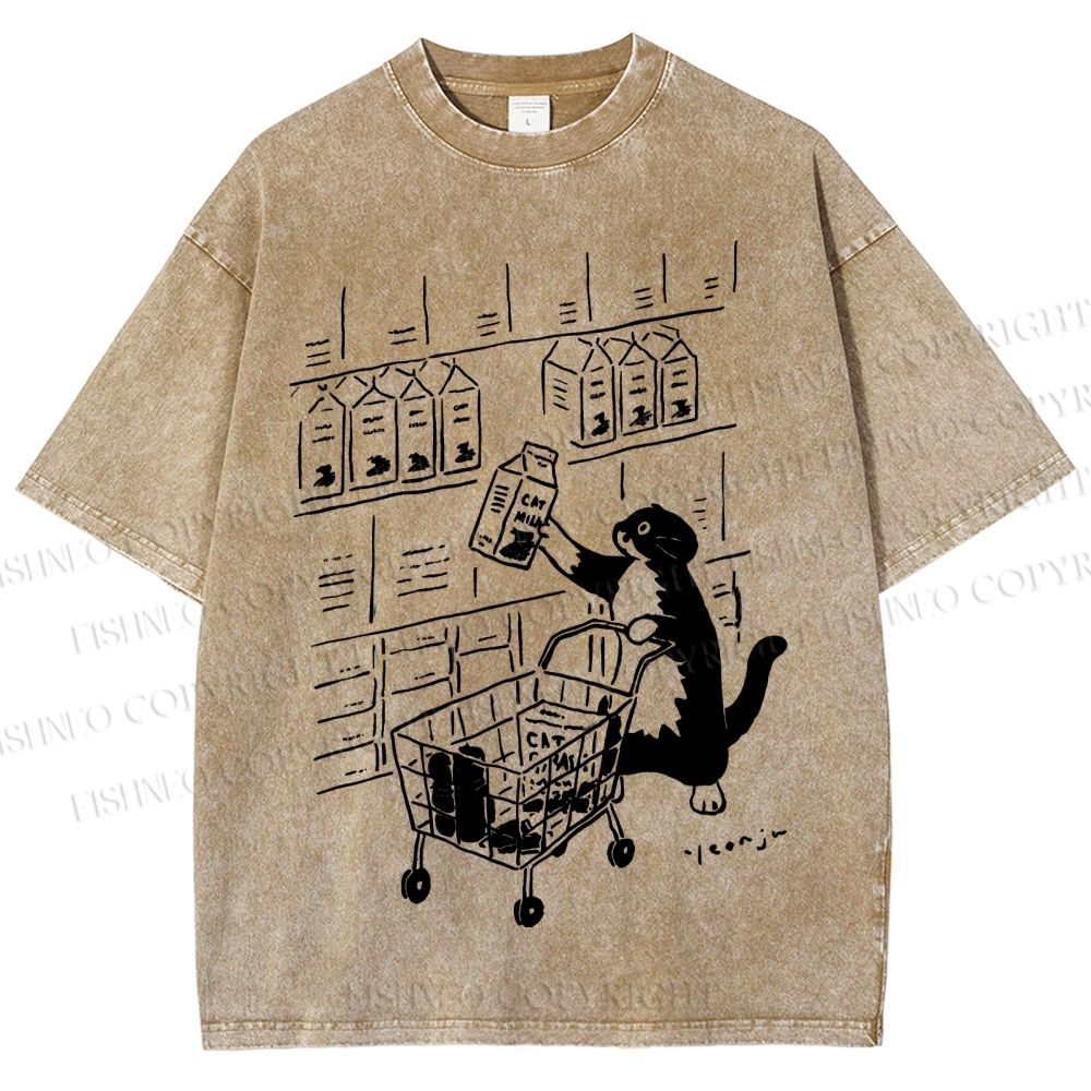 Unisex Cartoon Cute Cat Picking Milk Printed Washed Tee