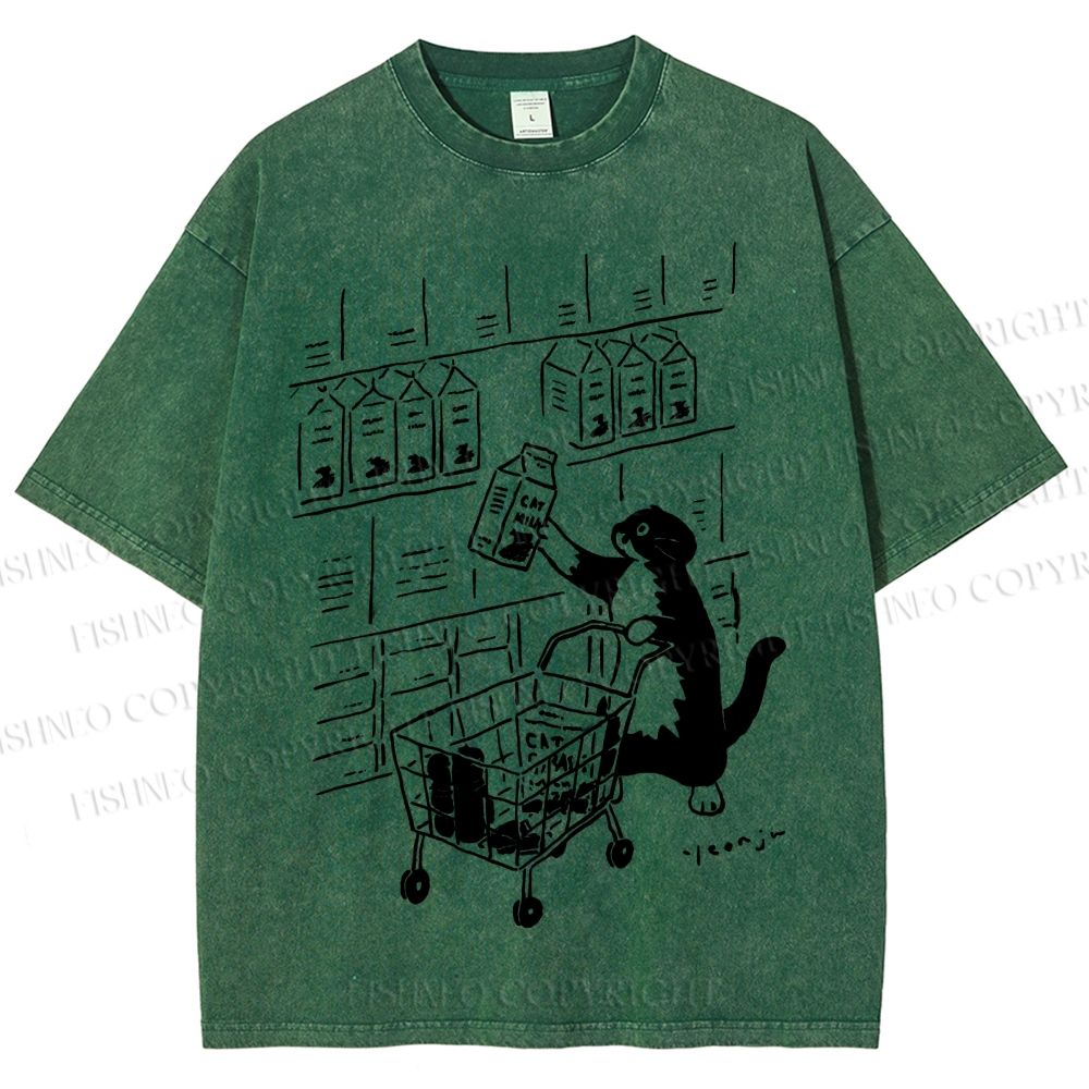 Unisex Cartoon Cute Cat Picking Milk Printed Washed Tee