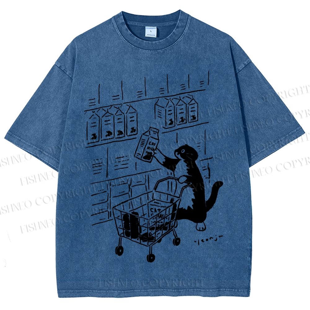 Unisex Cartoon Cute Cat Picking Milk Printed Washed Tee