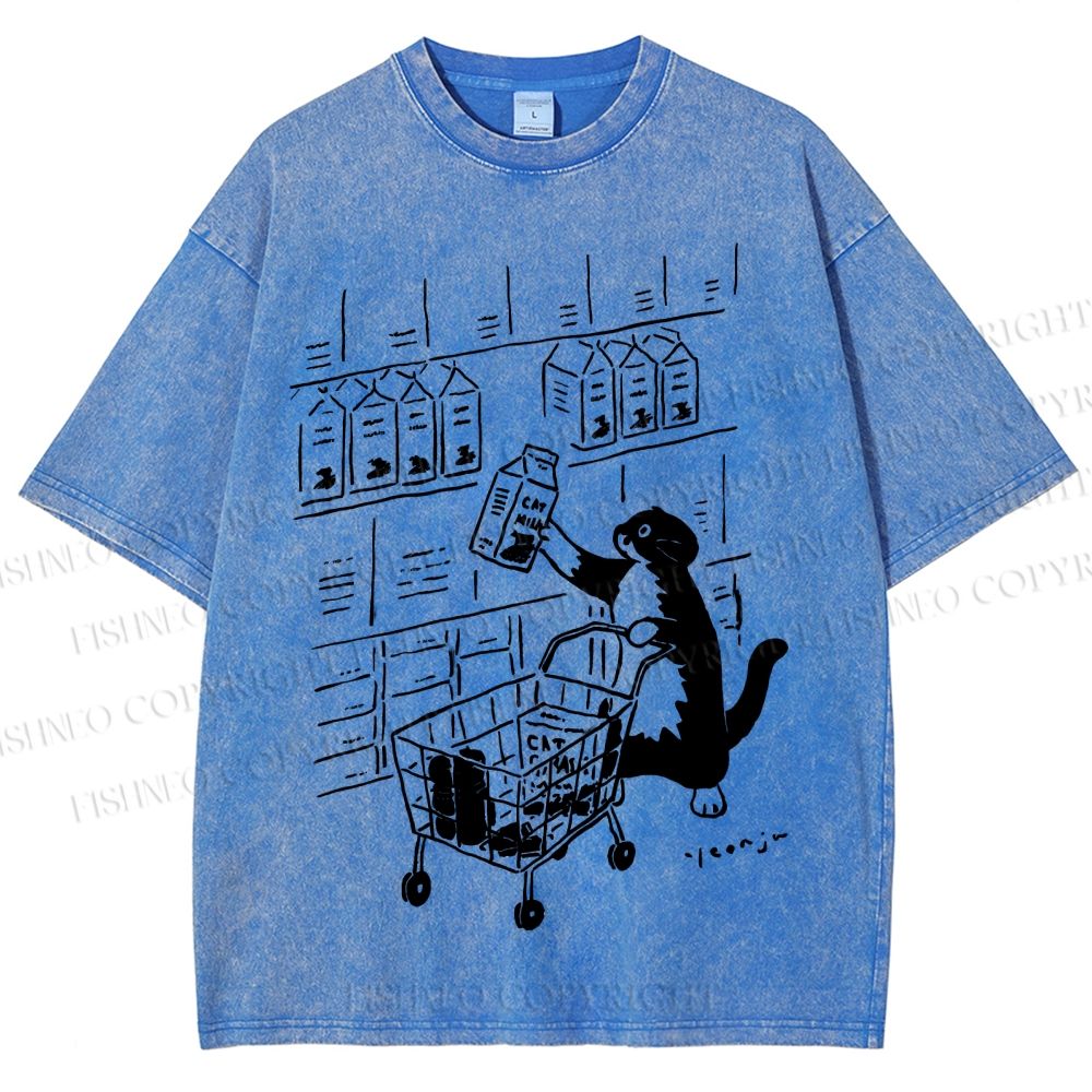 Unisex Cartoon Cute Cat Picking Milk Printed Washed Tee