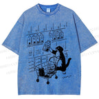 Unisex Cartoon Cute Cat Picking Milk Printed Washed Tee